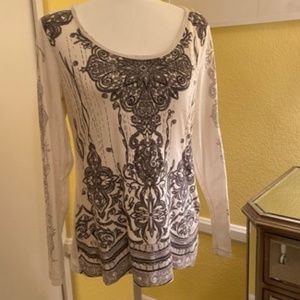 French Blue White Top with Black Design in Size L